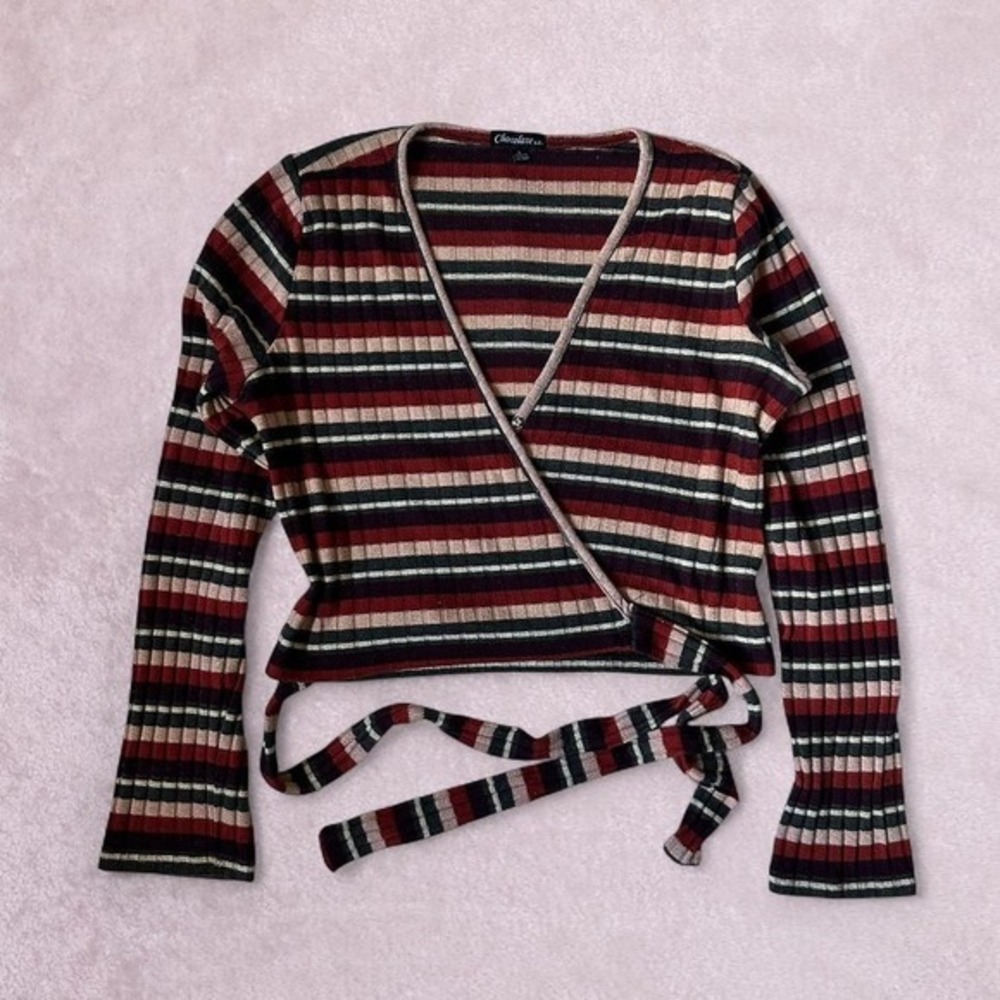 Striped wrap top with shimmer threading‎ details